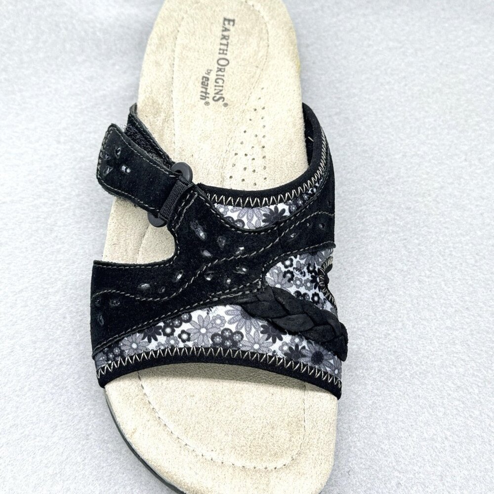 Womens Earth Origins Sandals Black Suede Floral Slides Adjustable Sander Sz 8.5 - Picture 2 of 10